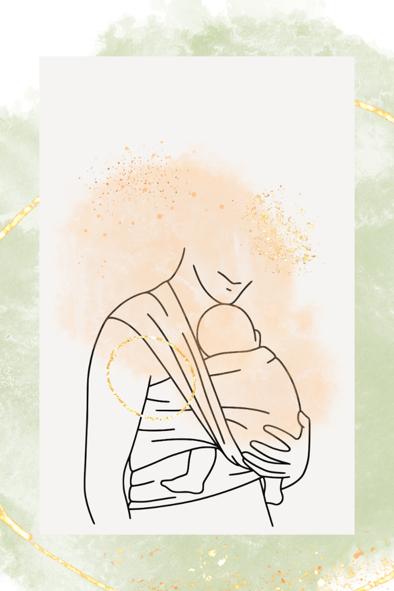 Postpartum Essentials - a line art drawing of a baby being cradled with a parent's hand on their head with a very light pink background with peach water color circles and gold glitter accents