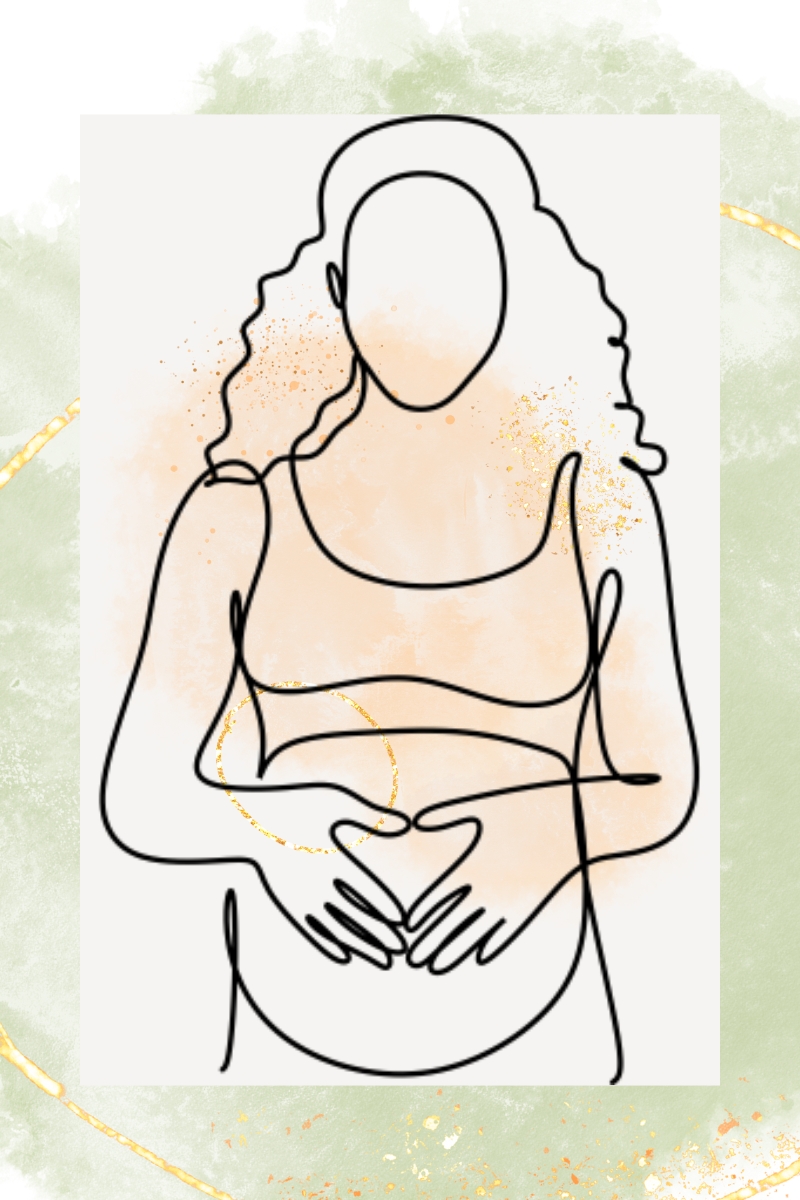 Postpartum Essentials - a line art drawing of a mother and father cradling each other and a newborn on the father's shoulder with a beige background with green water color circle and gold glitter accents