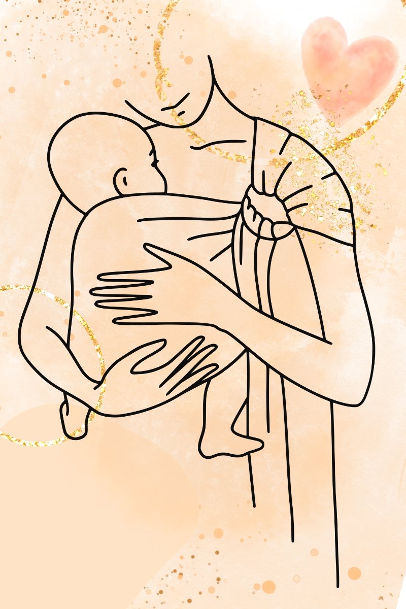 Postpartum Essentials - a line art drawing of a baby being cradled with a parent's hand on their head with a very light pink background with peach water color circles and gold glitter accents