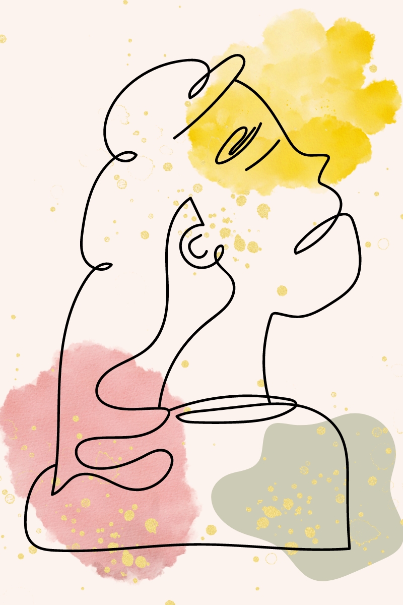 Postpartum Essentials - a line art drawing of a mother and father cradling each other and a newborn on the father's shoulder with a beige background with green water color circle and gold glitter accents